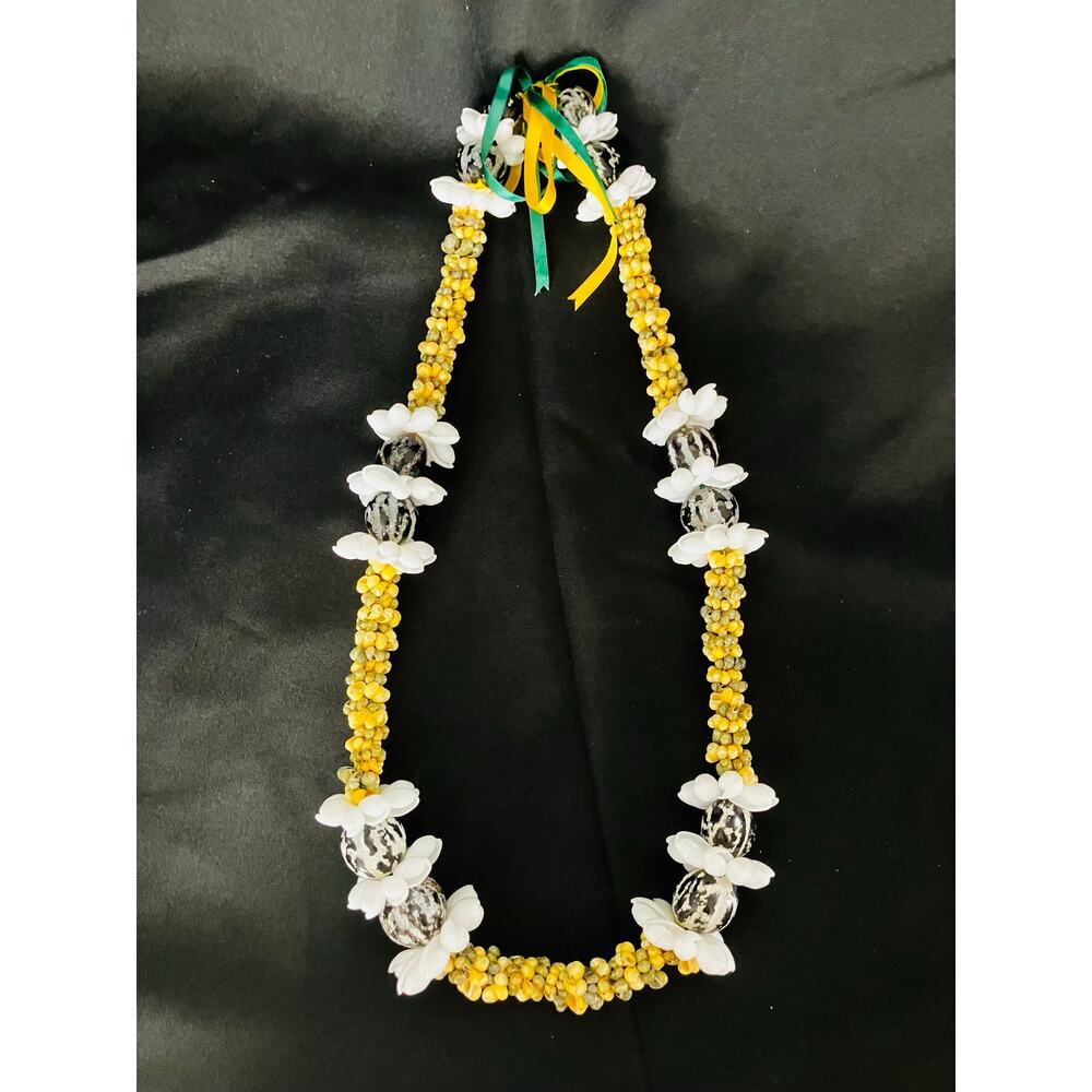 Hawaiian Lei Necklace Kukui Nuts Bubble Shells Mongo Shells Yellow Green Ribbon
